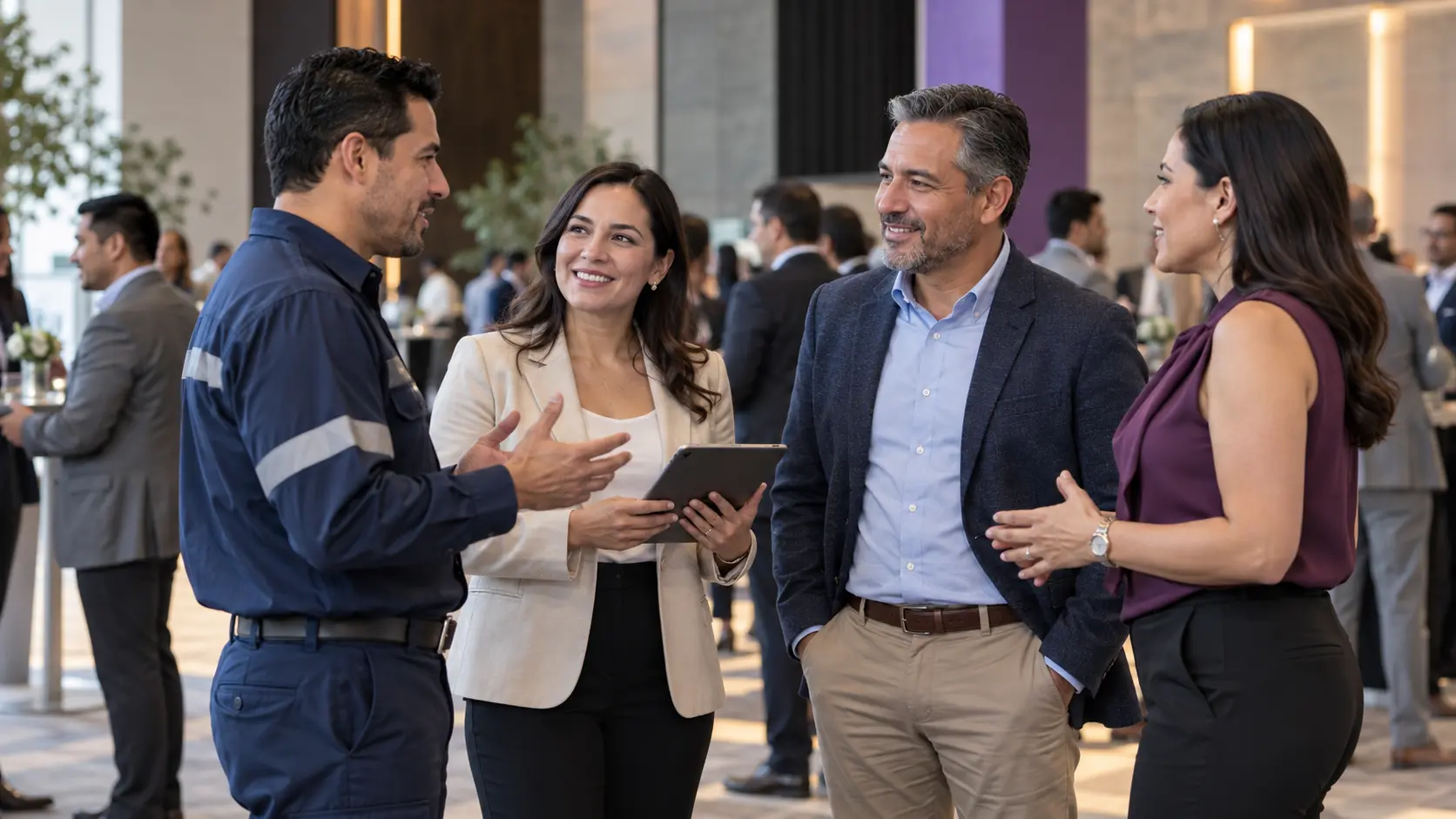 Escena ilustrativa de profesionales de distintos sectores conversando en un encuentro empresarial
